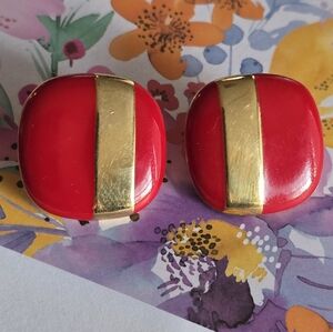 Vintage Monet earrings red enamel retro gold tone pierced post mod